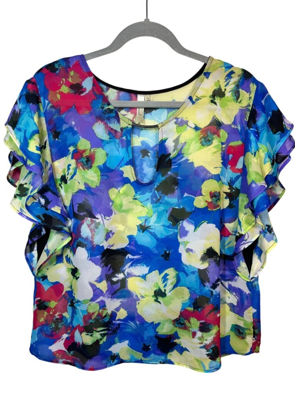 Chenault Women’s Floral Ruffle Sleeve Blouse Keyhole Front Sheer Polyester Size